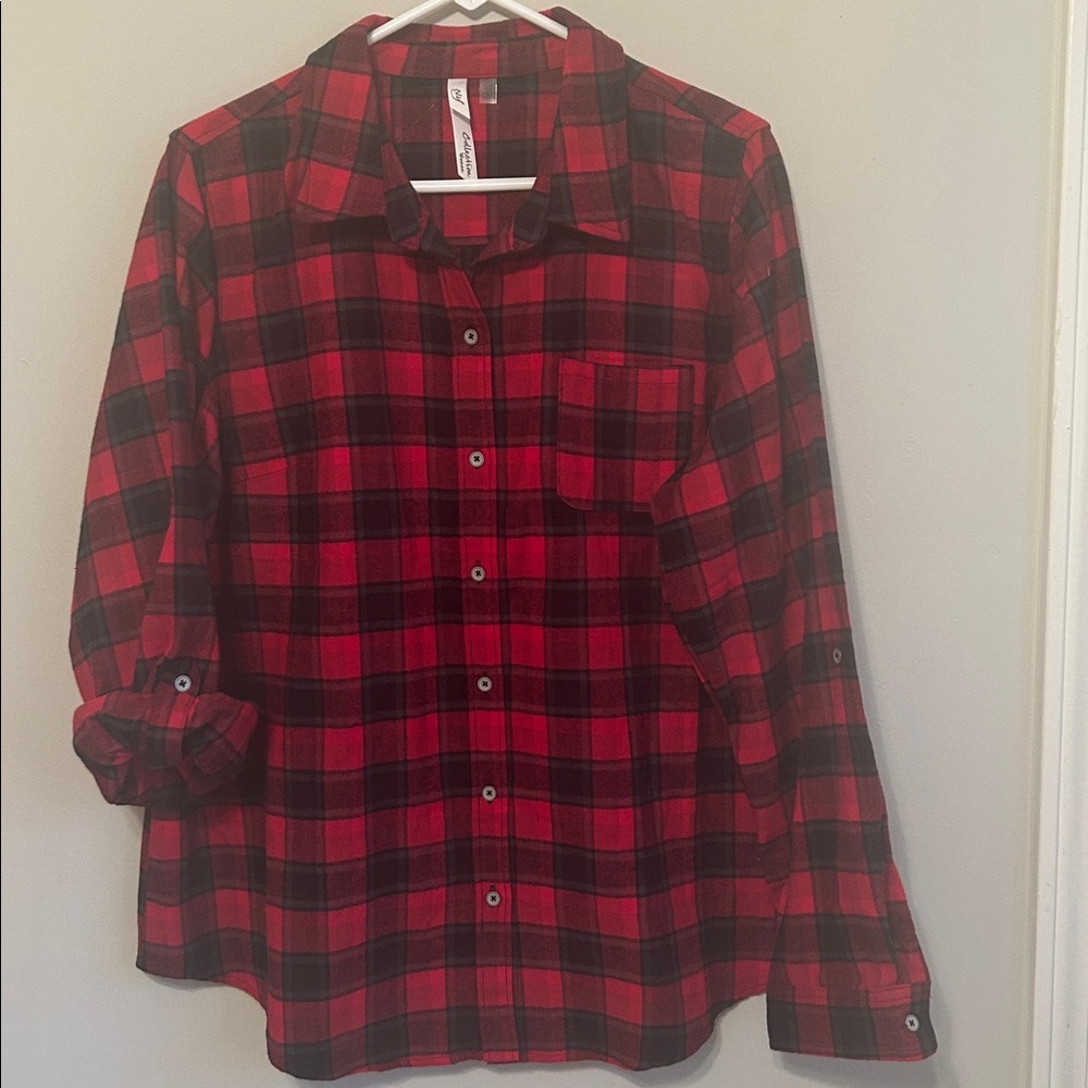 NY Collection Red and Black Checkered Button Down Shirt